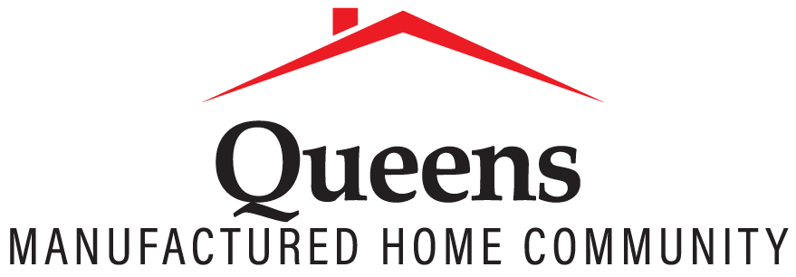 The image is of a logo for a manufactured home community named Queens.
